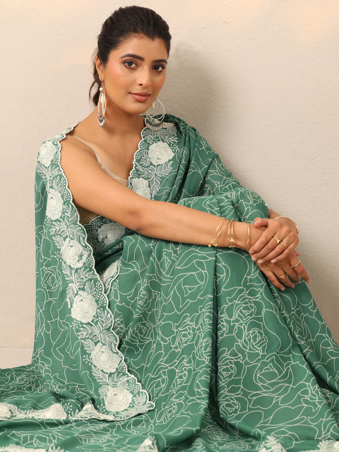  Turquoise blue Printed Georgette Sarees With Unstitched Blouse Piece 