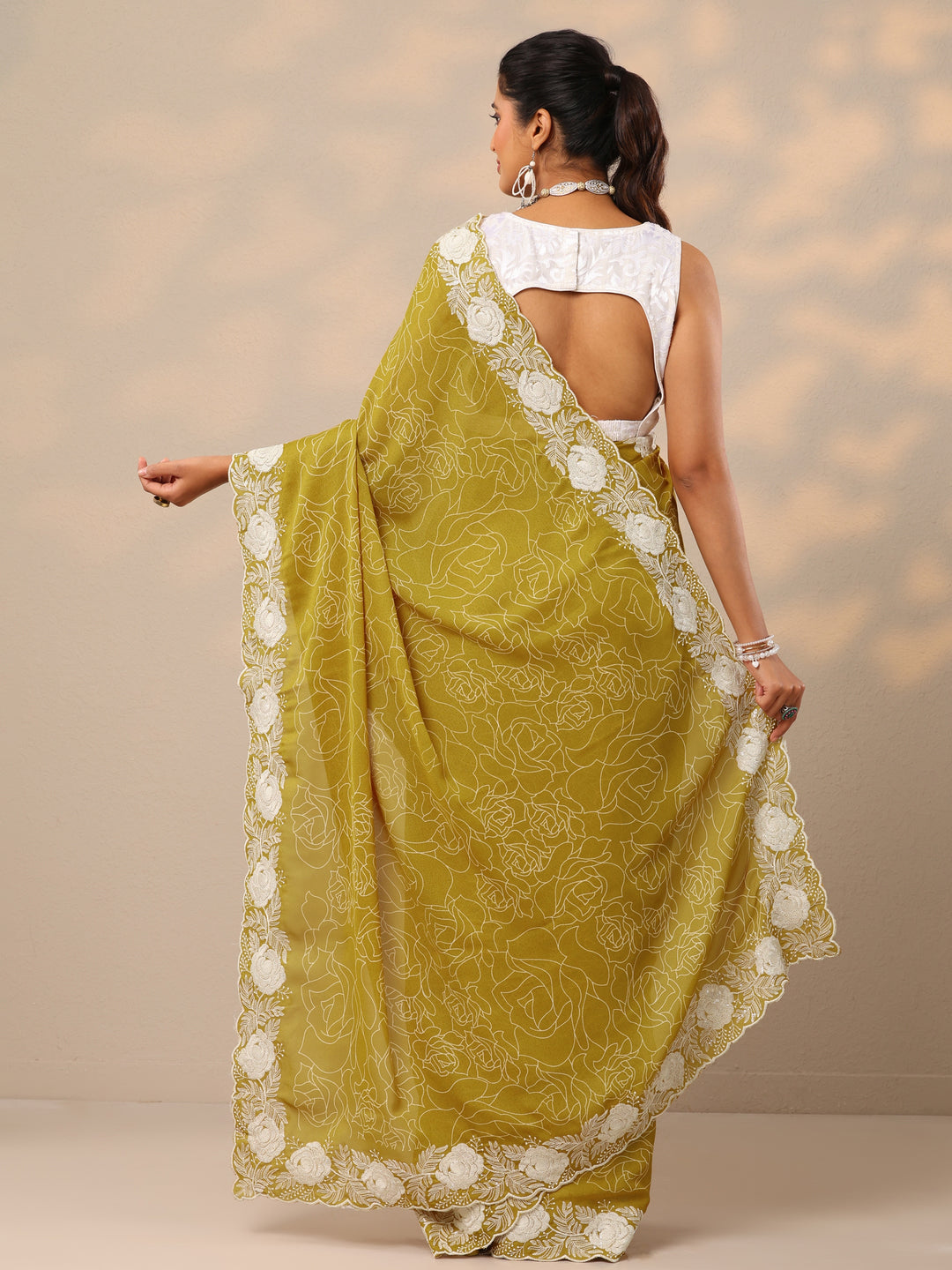  Mustard Printed Georgette Sarees With Unstitched Blouse Piece 