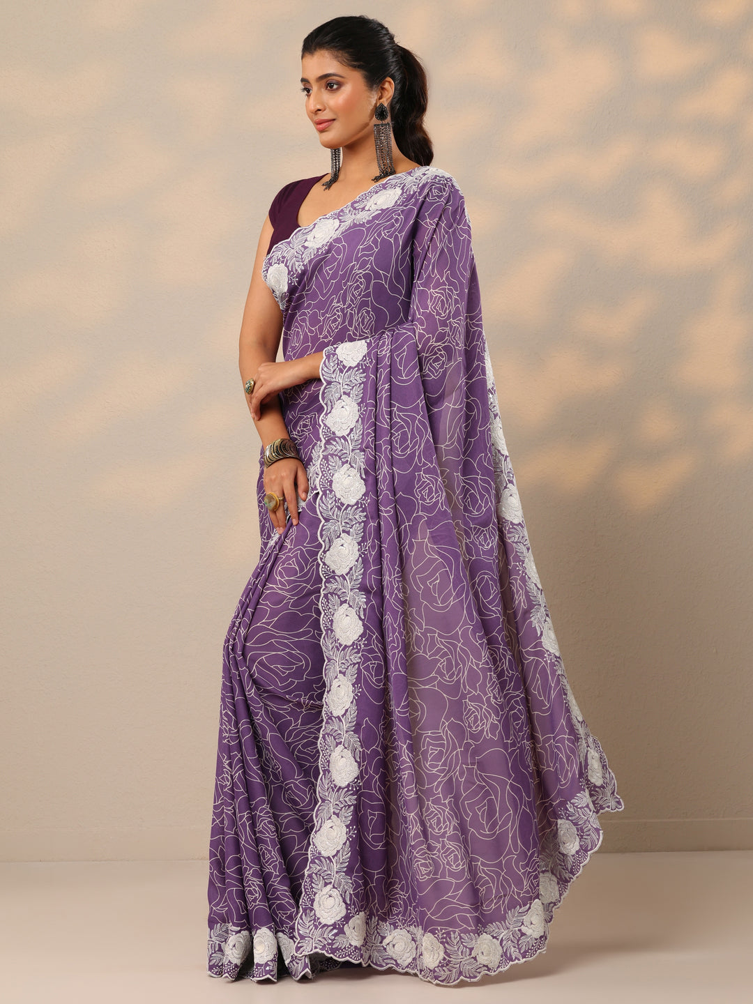  Purple Printed Georgette Sarees With Unstitched Blouse Piece 
