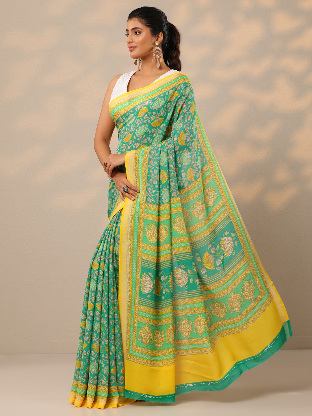  Green Printed Georgette Sarees With Unstitched Blouse Piece 