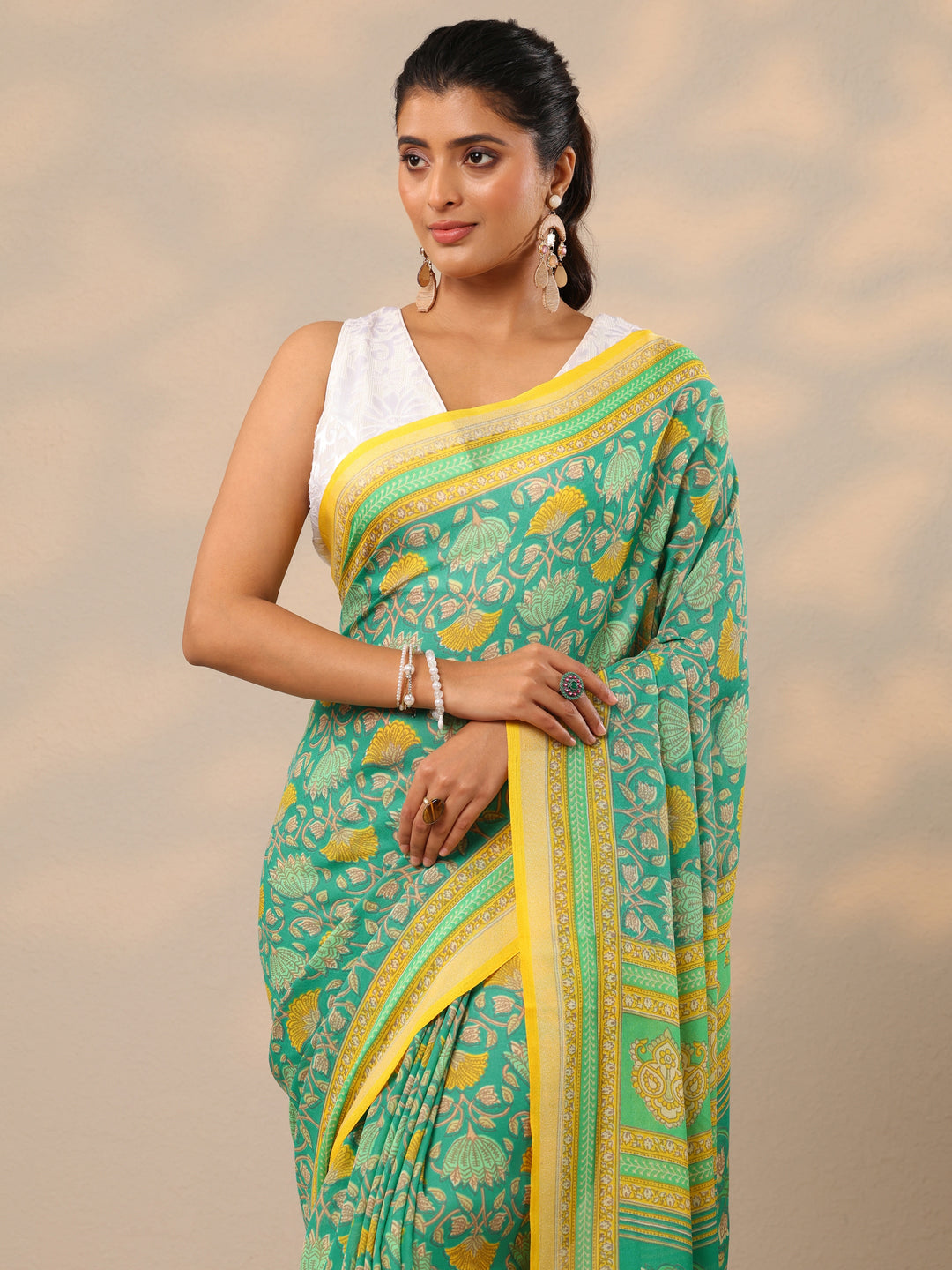  Green Printed Georgette Sarees With Unstitched Blouse Piece 