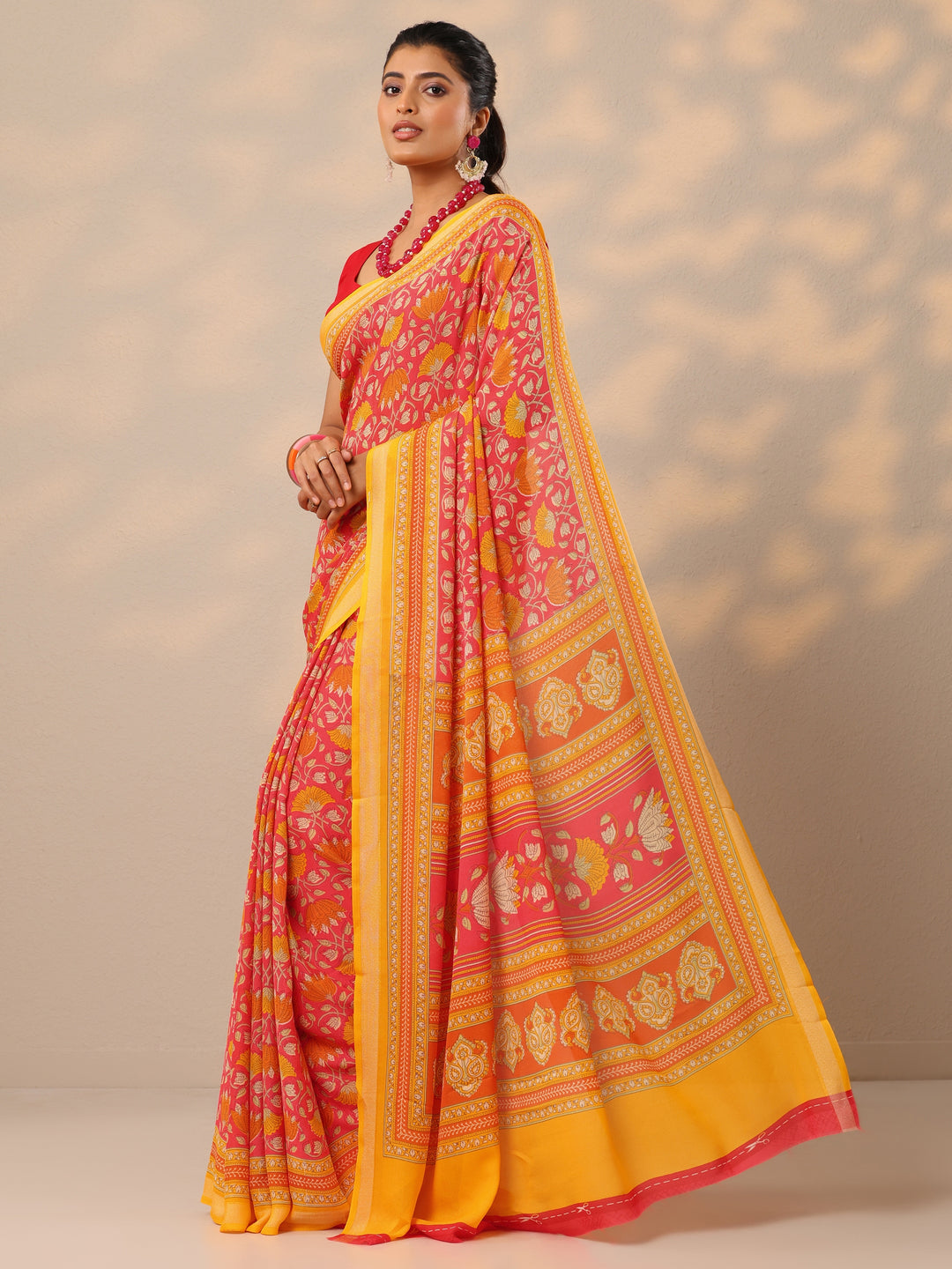  Coral Printed Georgette Sarees With Unstitched Blouse Piece 