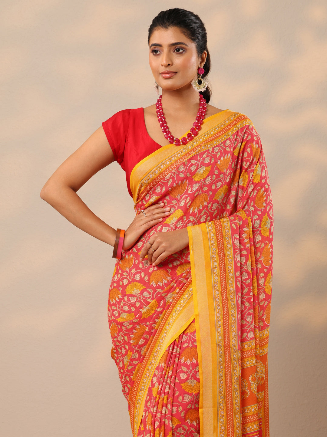  Coral Printed Georgette Sarees With Unstitched Blouse Piece 