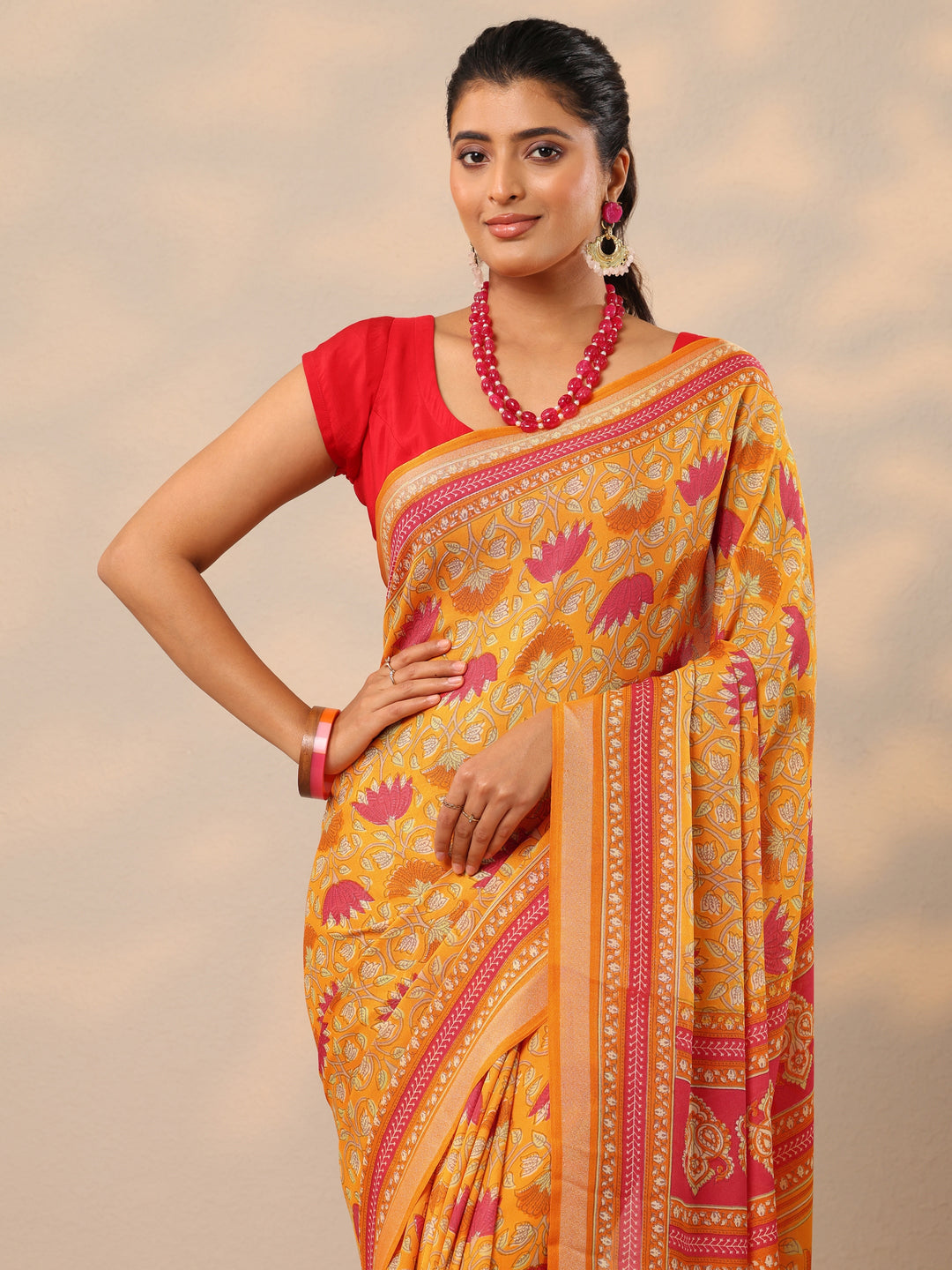  Mustard Printed Georgette Sarees With Unstitched Blouse Piece 