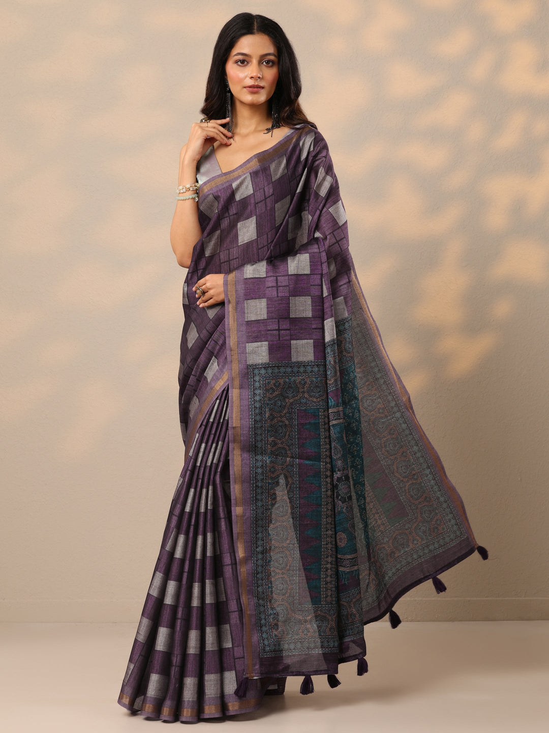  Wine Printed Cotton Blend Sarees With Unstitched Blouse Piece 