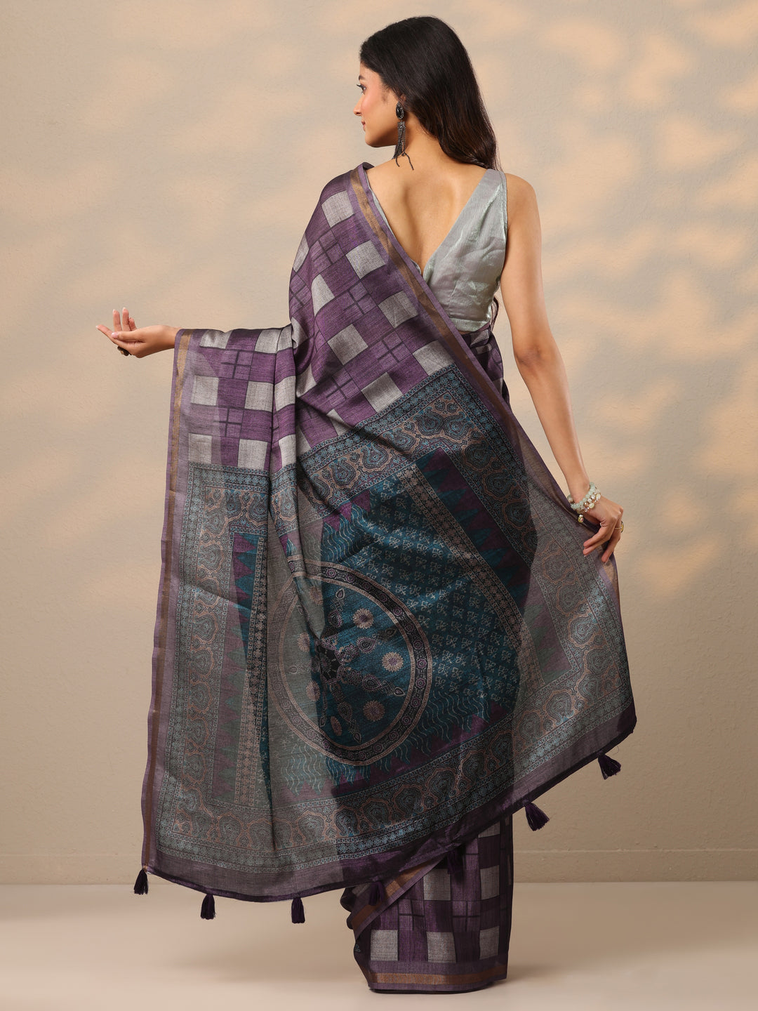  Wine Printed Cotton Blend Sarees With Unstitched Blouse Piece 