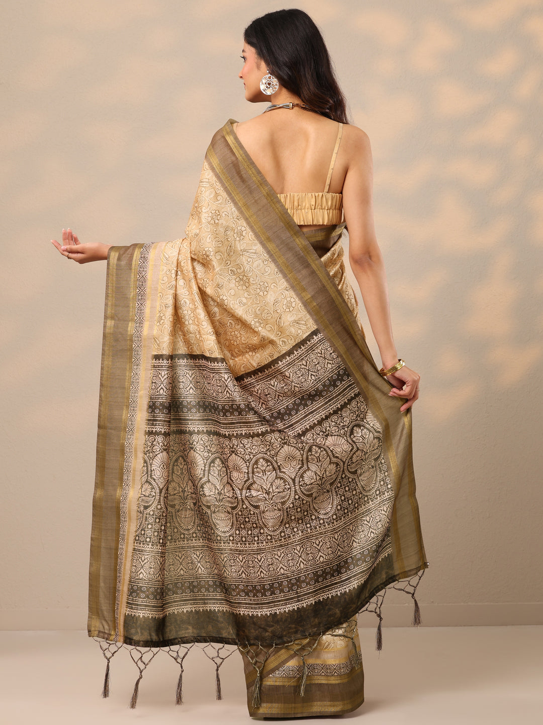 Beige Printed Silk Blend Sarees With Unstitched Blouse Piece 
