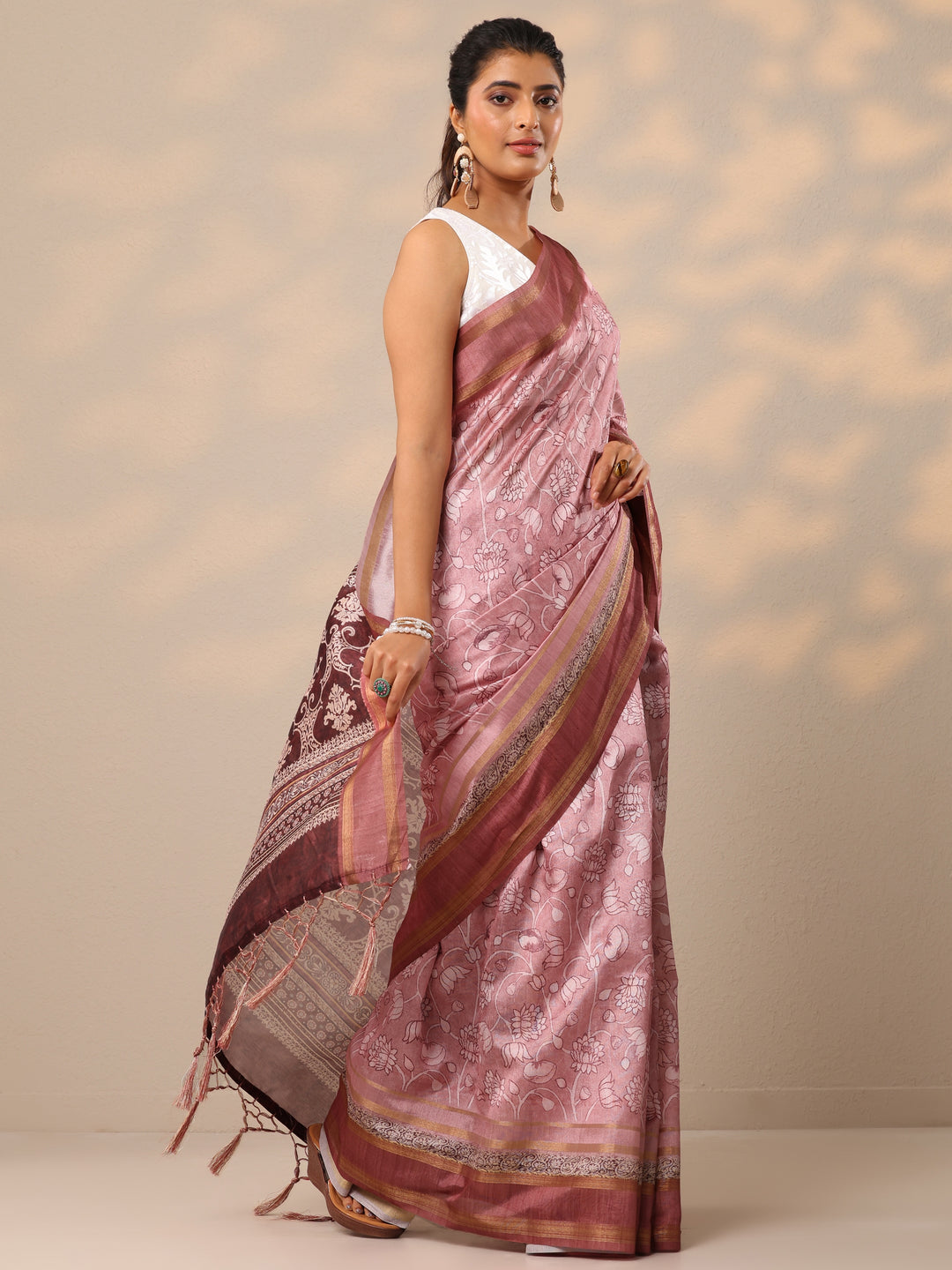  Pink Printed Silk Blend Sarees With Unstitched Blouse Piece 