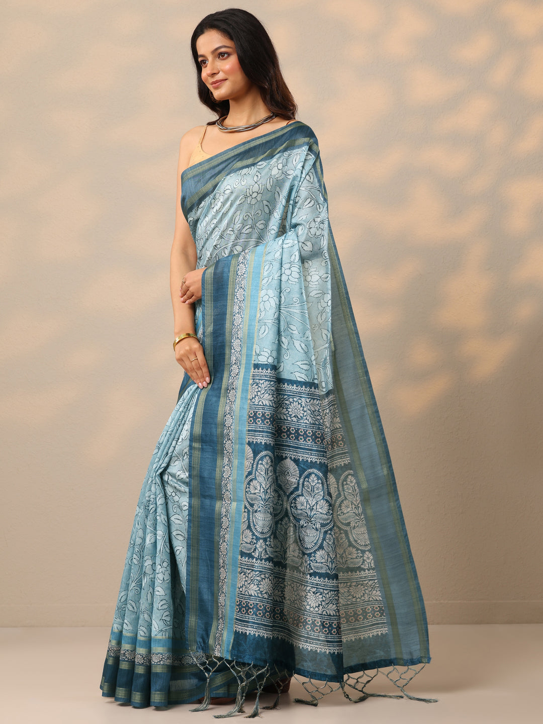  Blue Printed Silk Blend Sarees With Unstitched Blouse Piece 