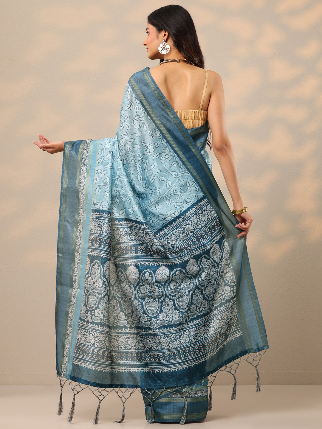 Blue Printed Silk Blend Sarees With Unstitched Blouse Piece 