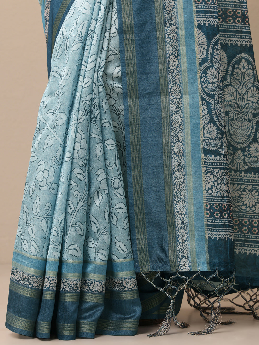  Blue Printed Silk Blend Sarees With Unstitched Blouse Piece 