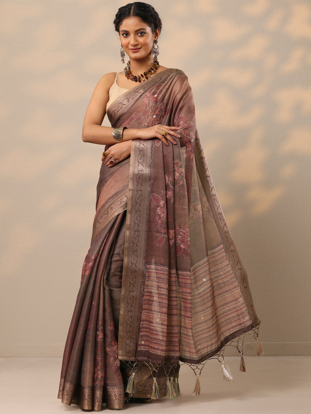 Mauve Printed Silk blend Saree With Unstitched Blouse Piece