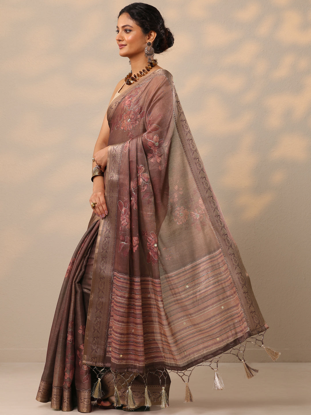  Mauve Printed Silk blend Saree With Unstitched Blouse Piece 