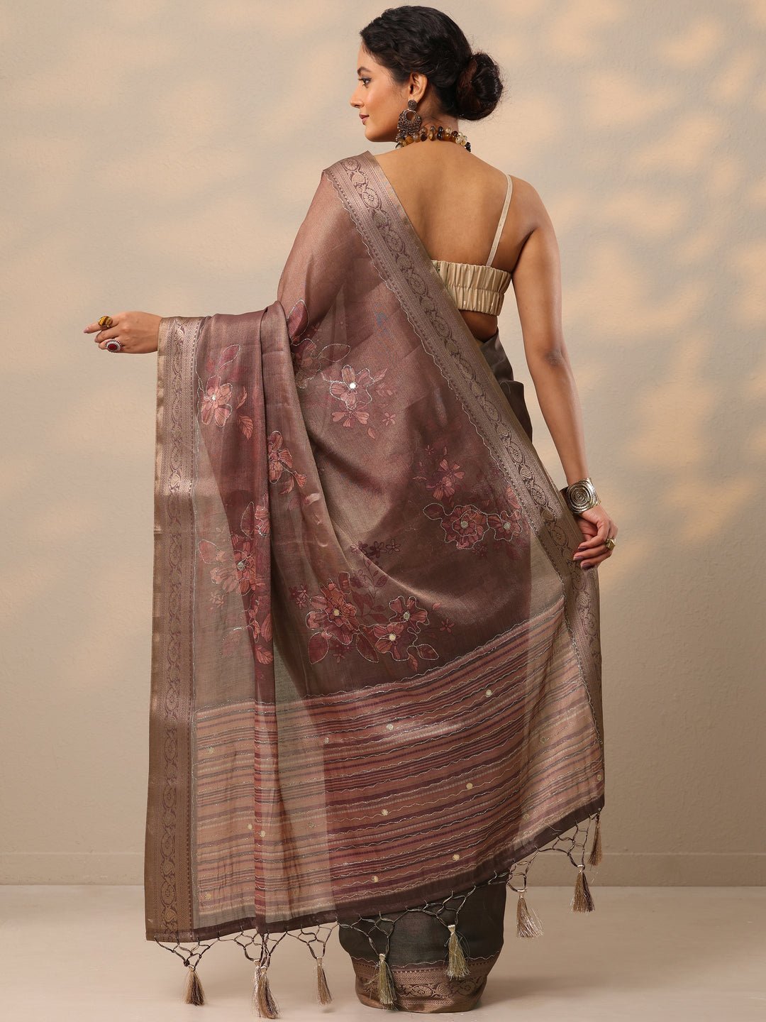  Mauve Printed Silk blend Saree With Unstitched Blouse Piece 