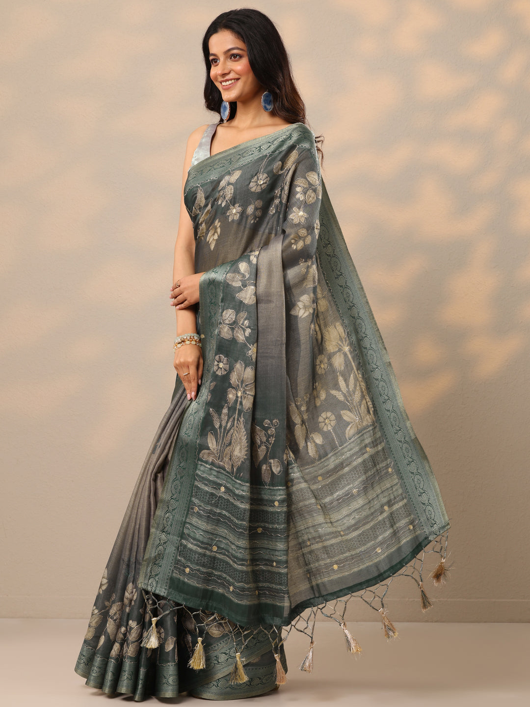  Blue Printed Silk Blend Sarees With Unstitched Blouse Piece 