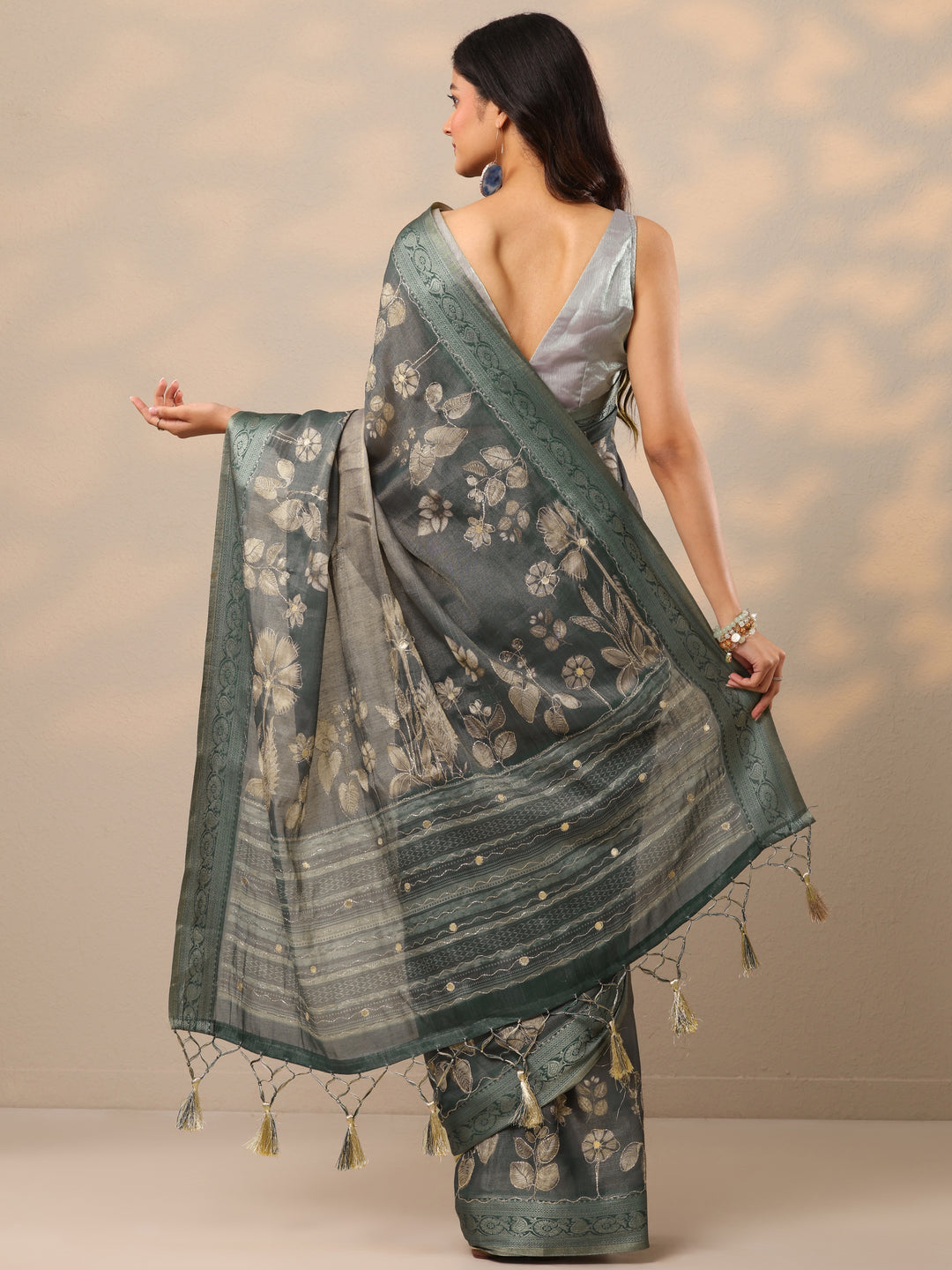  Blue Printed Silk Blend Sarees With Unstitched Blouse Piece 