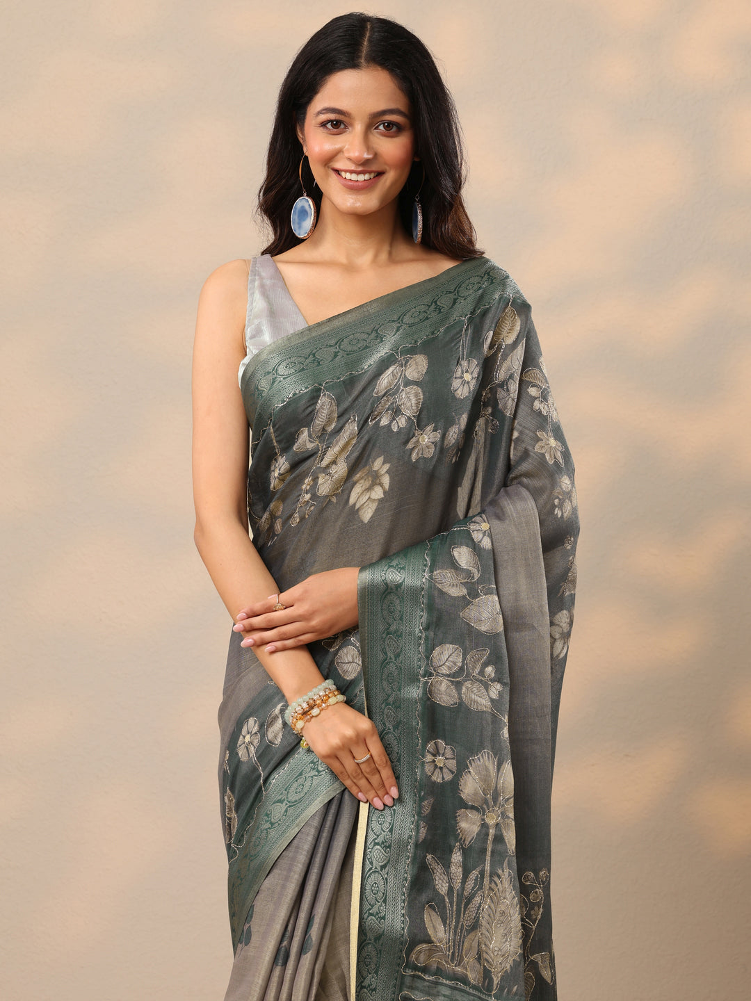  Blue Printed Silk Blend Sarees With Unstitched Blouse Piece 