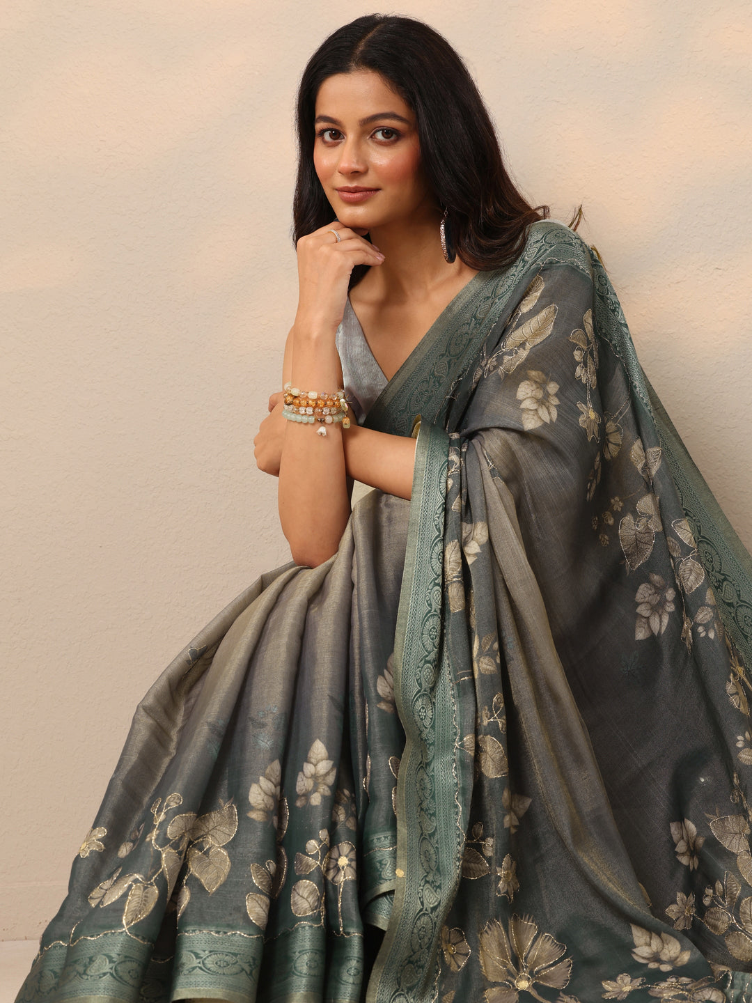  Blue Printed Silk Blend Sarees With Unstitched Blouse Piece 