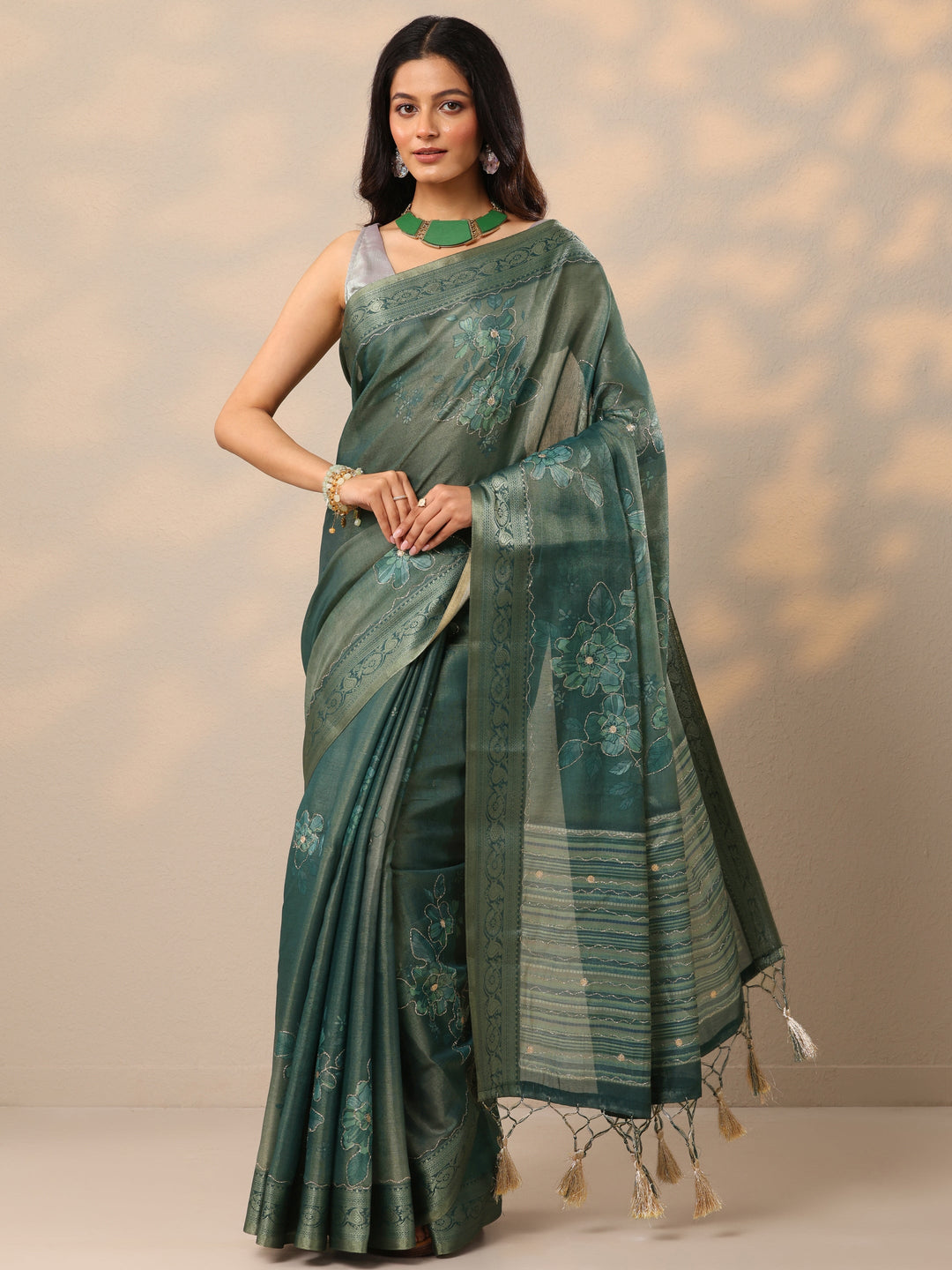 Turquoise blue Printed Silk Blend Sarees With Unstitched Blouse Piece
