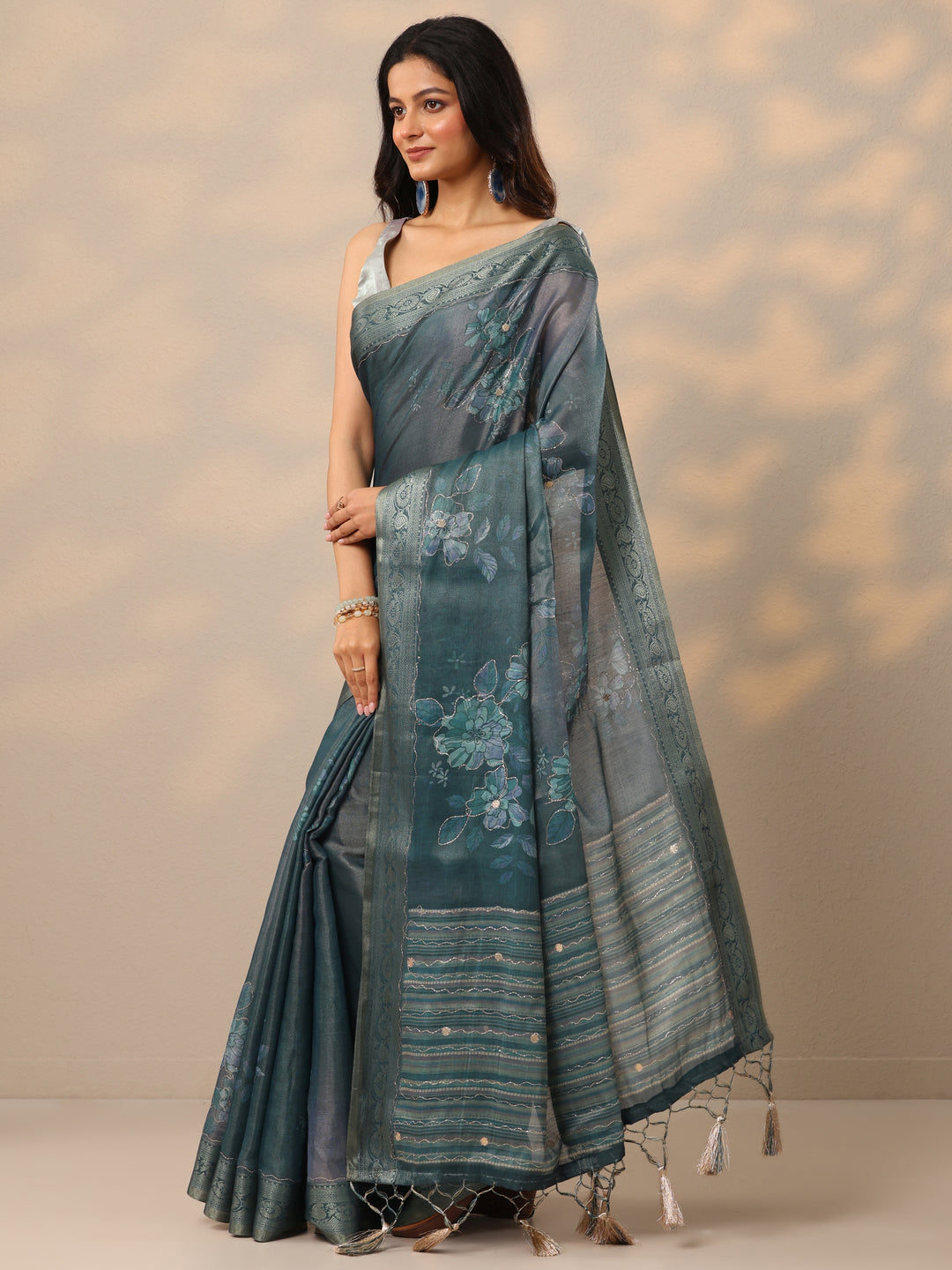 Blue Printed Silk Blend Sarees With Unstitched Blouse Piece 
