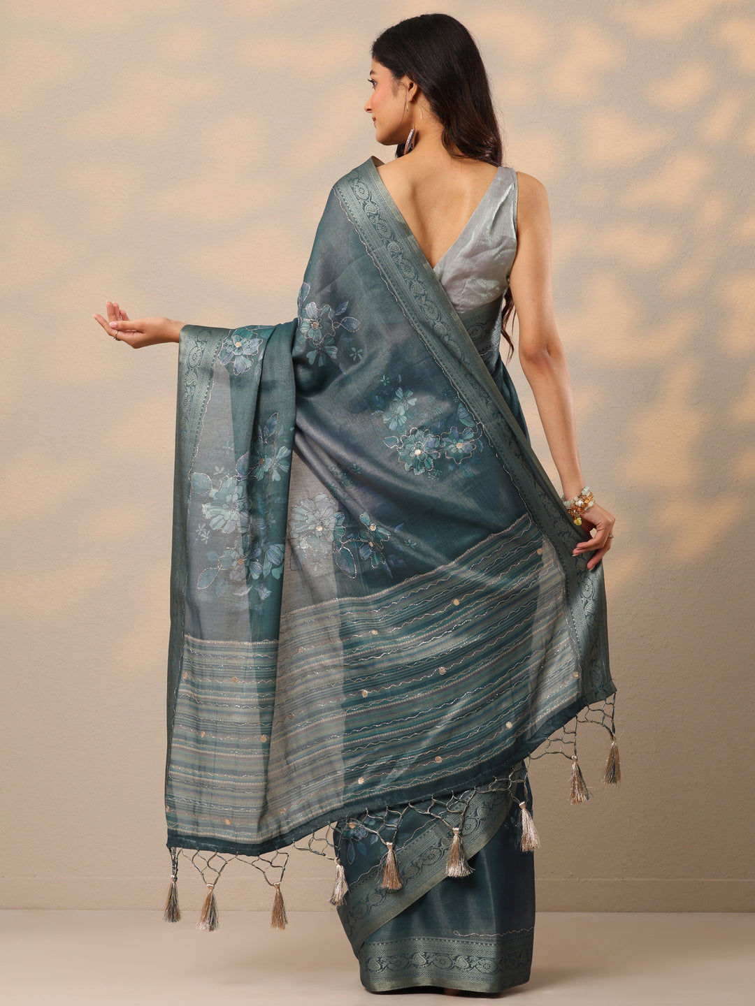  Blue Printed Silk Blend Sarees With Unstitched Blouse Piece 