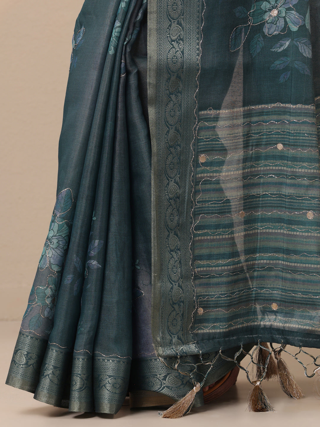  Blue Printed Silk Blend Sarees With Unstitched Blouse Piece 