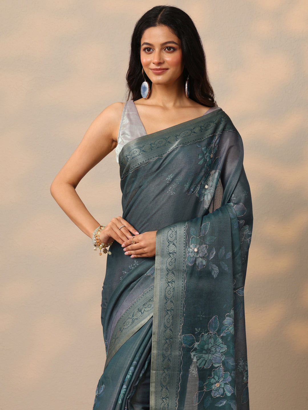  Blue Printed Silk Blend Sarees With Unstitched Blouse Piece 