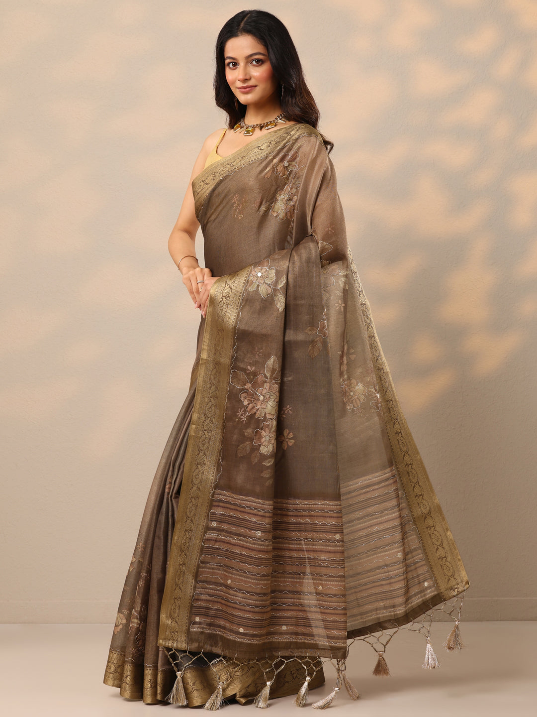  Brown Printed Silk Blend Sarees With Unstitched Blouse Piece 