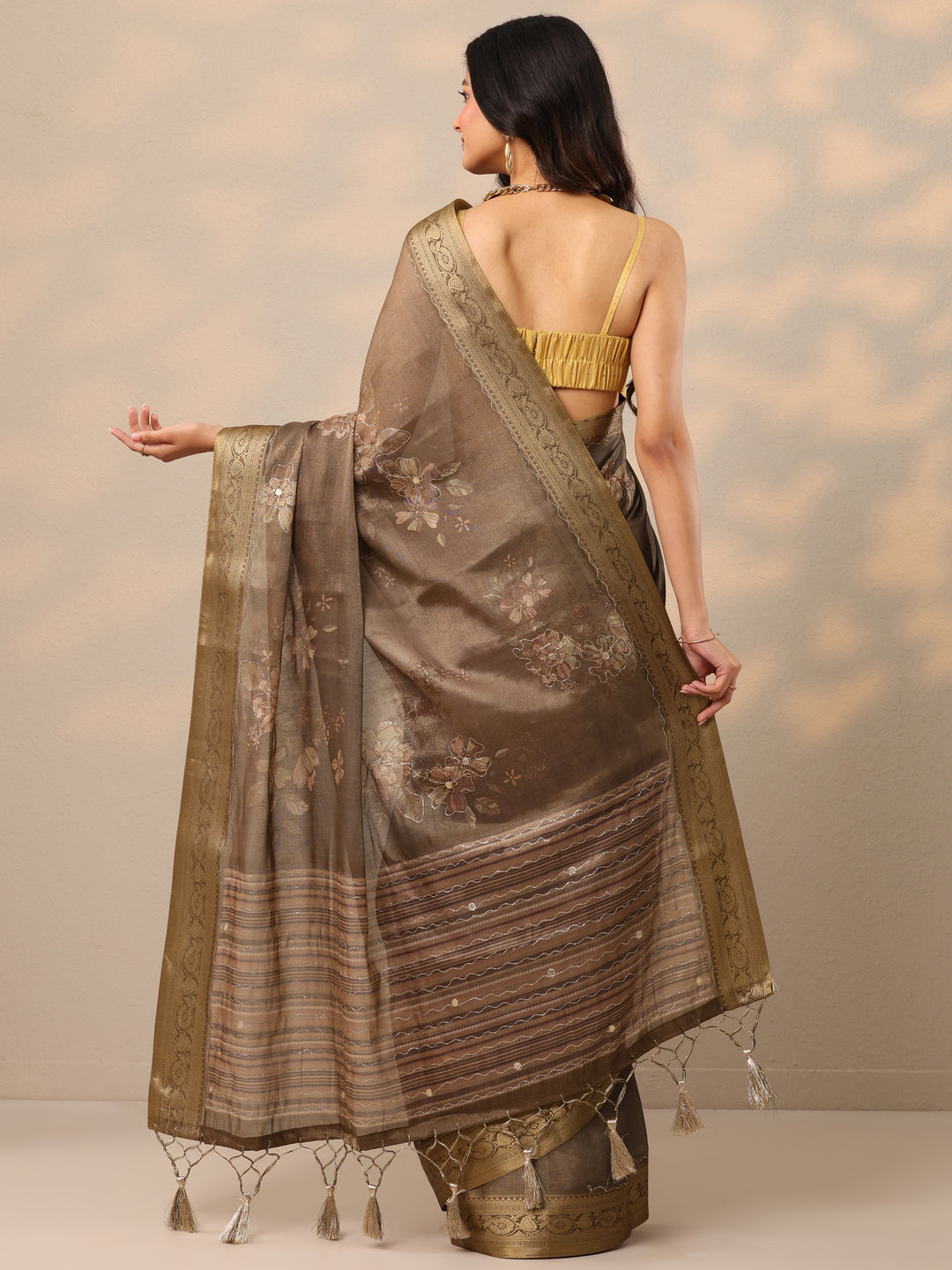  Brown Printed Silk Blend Sarees With Unstitched Blouse Piece 