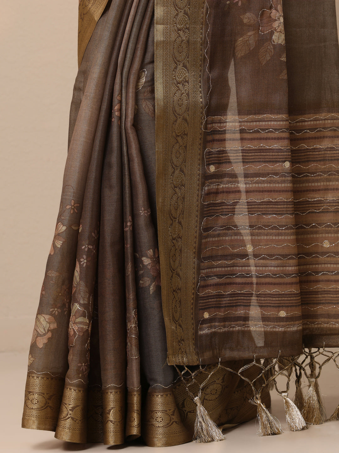  Brown Printed Silk Blend Sarees With Unstitched Blouse Piece 
