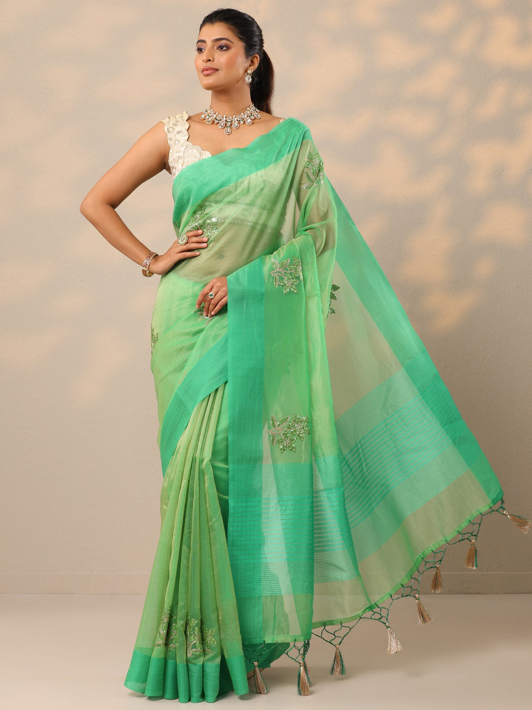  Green Embellished Organza Sarees With Unstitched Blouse Piece 