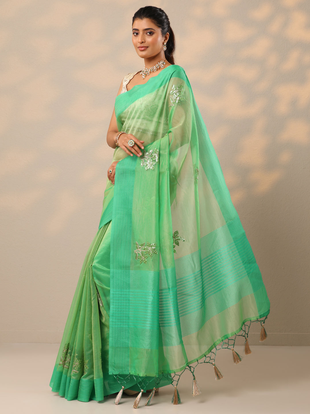  Green Embellished Organza Sarees With Unstitched Blouse Piece 