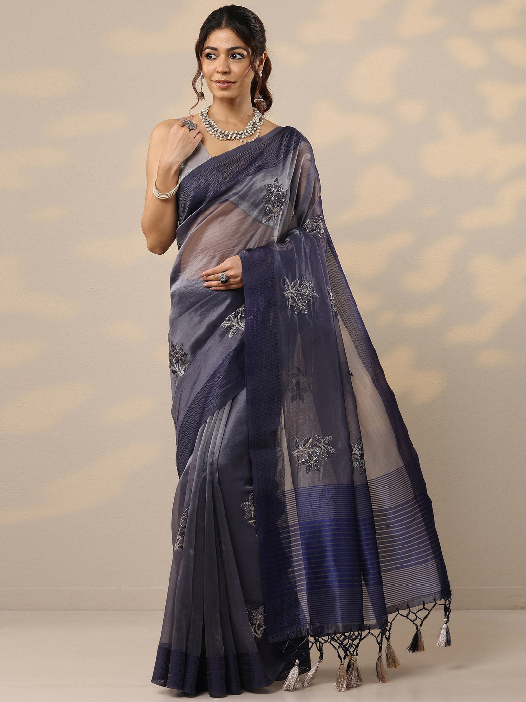  Purple Embellished Organza Sarees With Unstitched Blouse Piece 