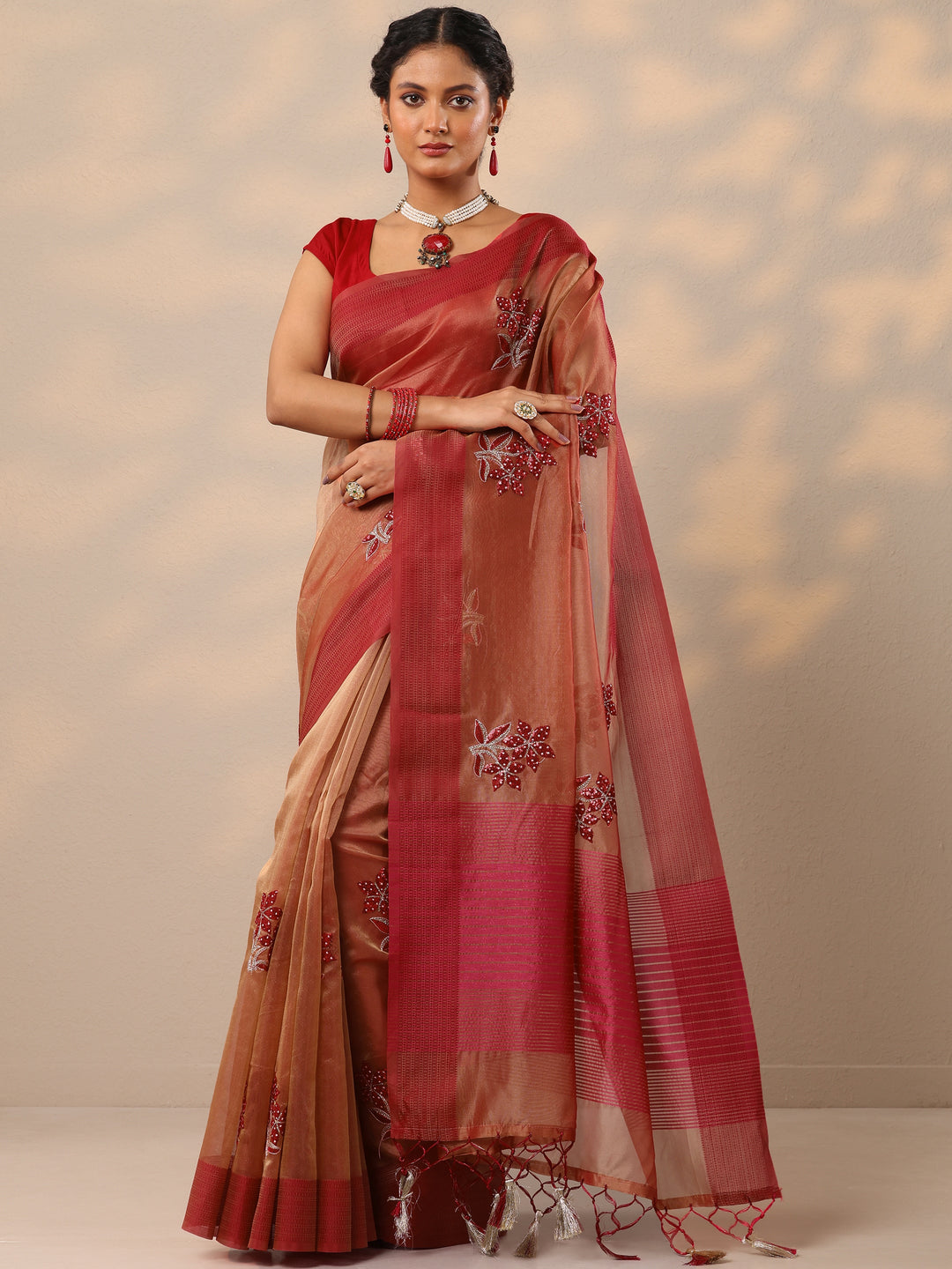  Red Embellished Organza Saree With Unstitched Blouse Piece 