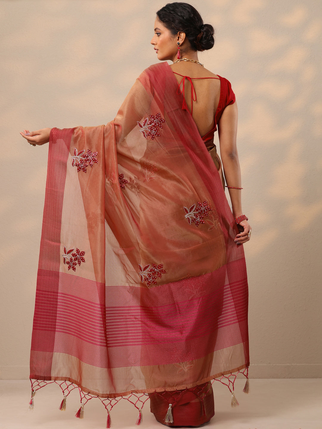  Red Embellished Organza Saree With Unstitched Blouse Piece 