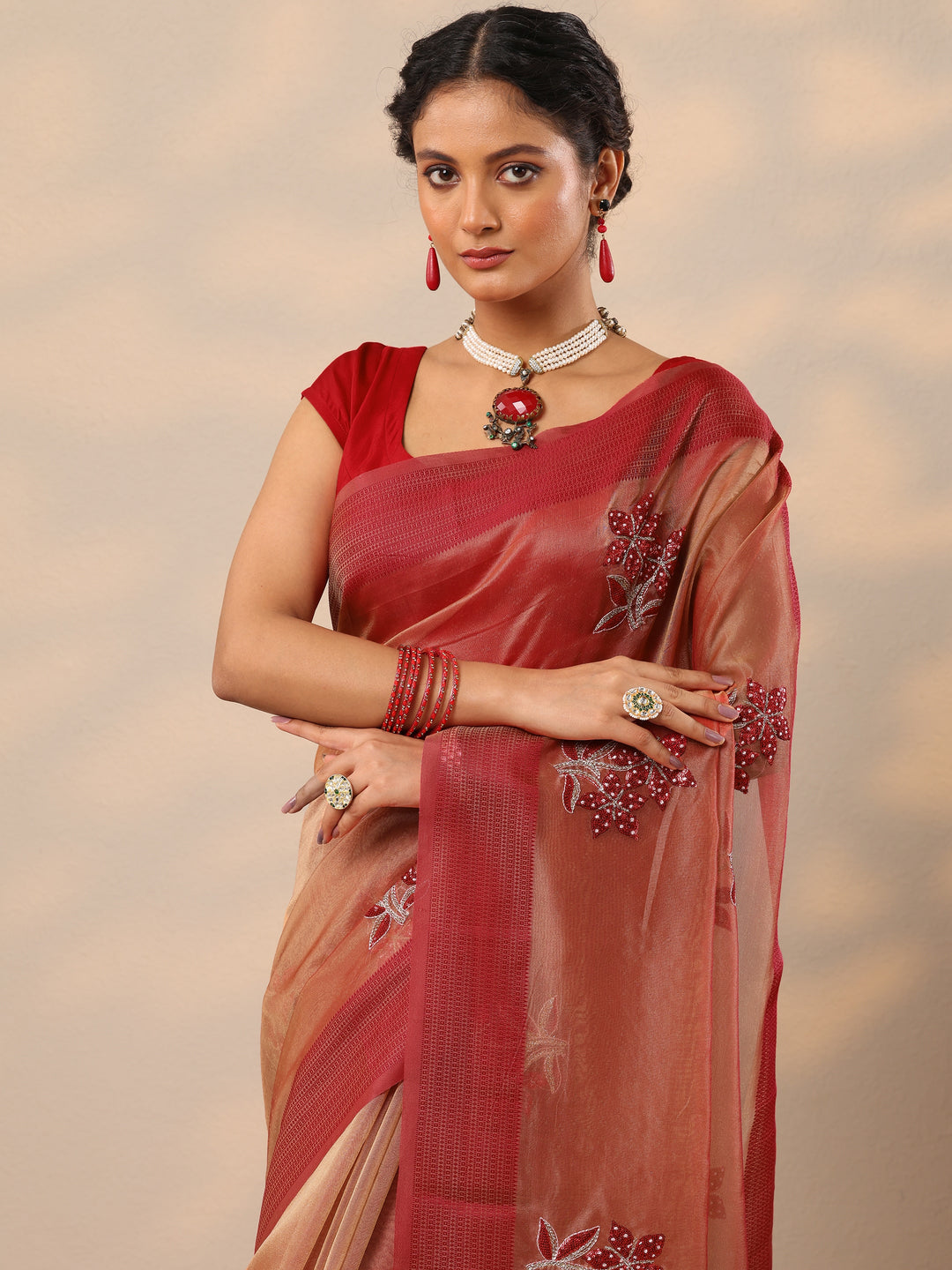  Red Embellished Organza Saree With Unstitched Blouse Piece 