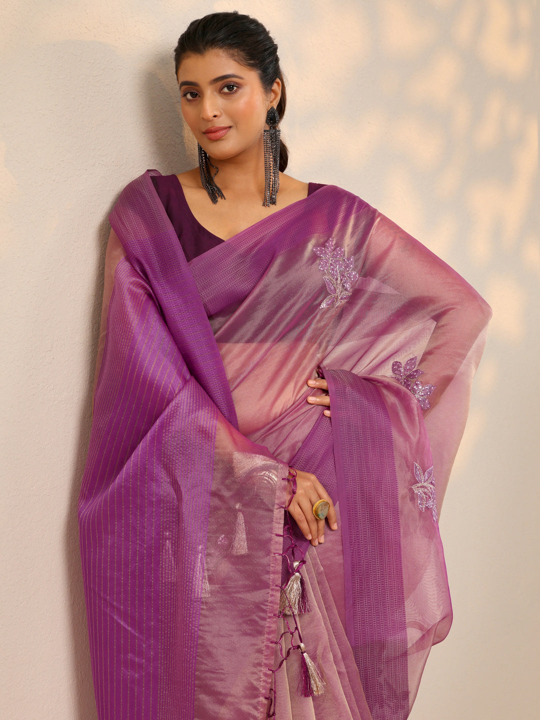 Mauve Embroidered Organza Saree With Unstitched Blouse Piece 