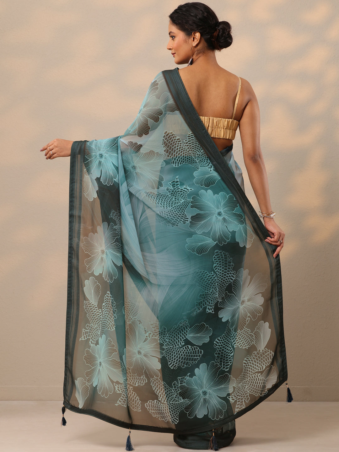  Teal Printed Georgette Saree With Unstitched Blouse Piece 