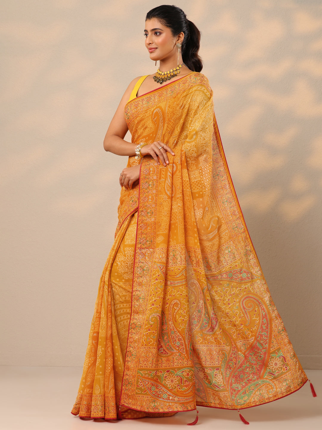  Yellow Printed Georgette Sarees With Unstitched Blouse Piece 