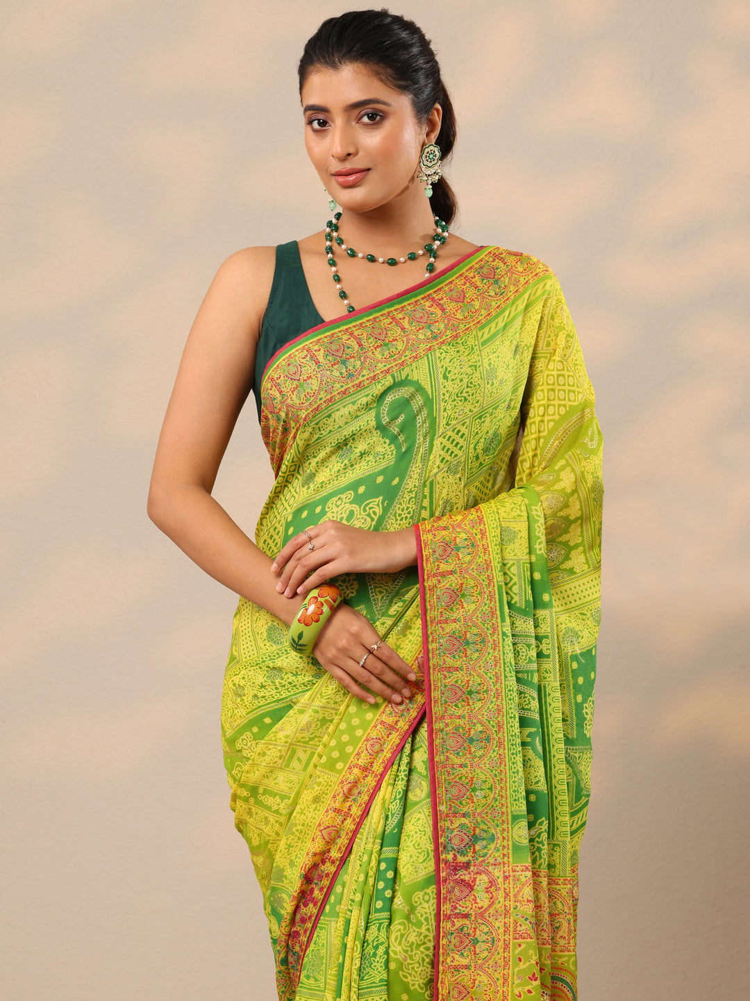  Green Printed Georgette Sarees With Unstitched Blouse Piece 