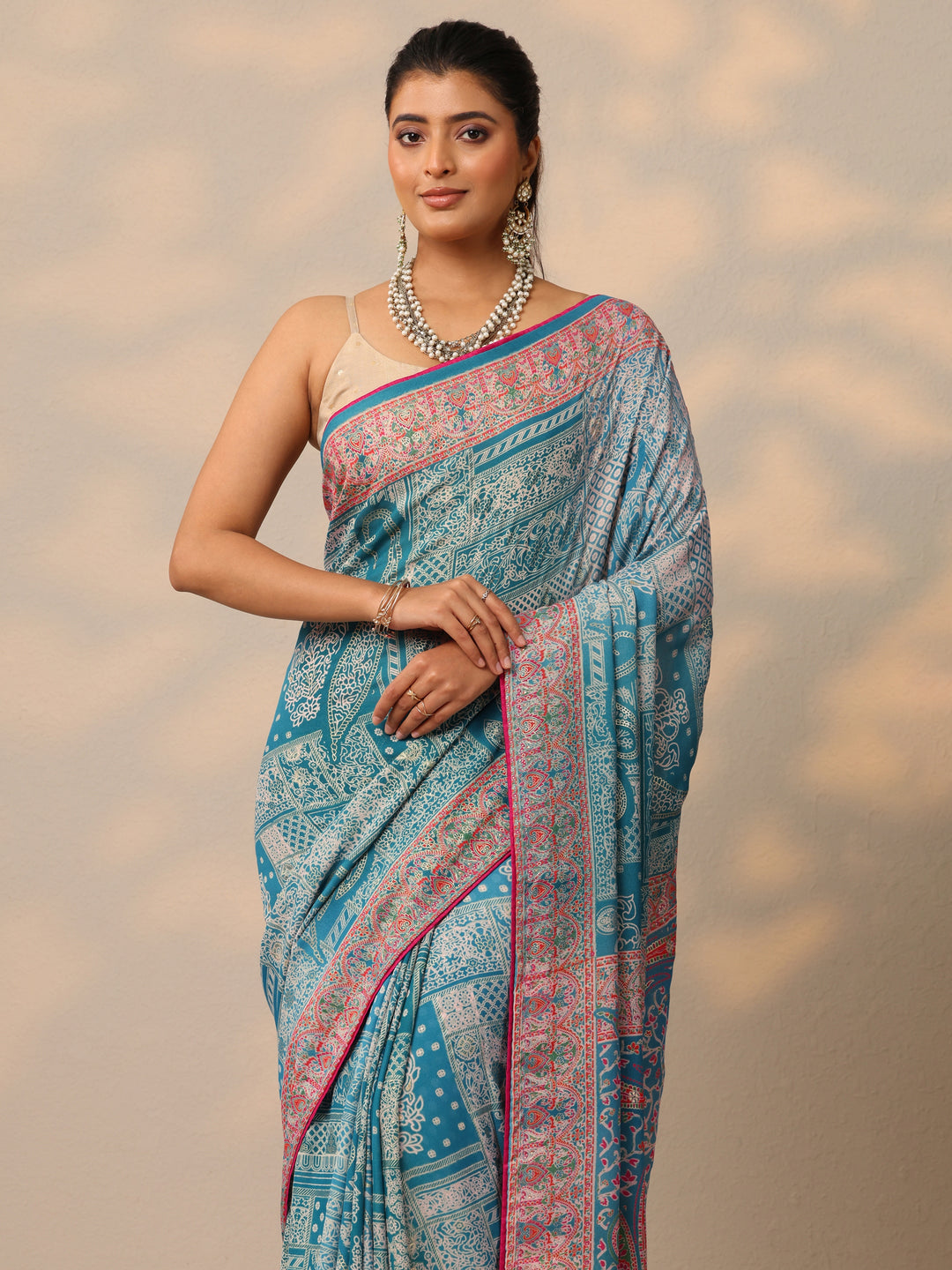  Blue Printed Georgette Sarees With Unstitched Blouse Piece 
