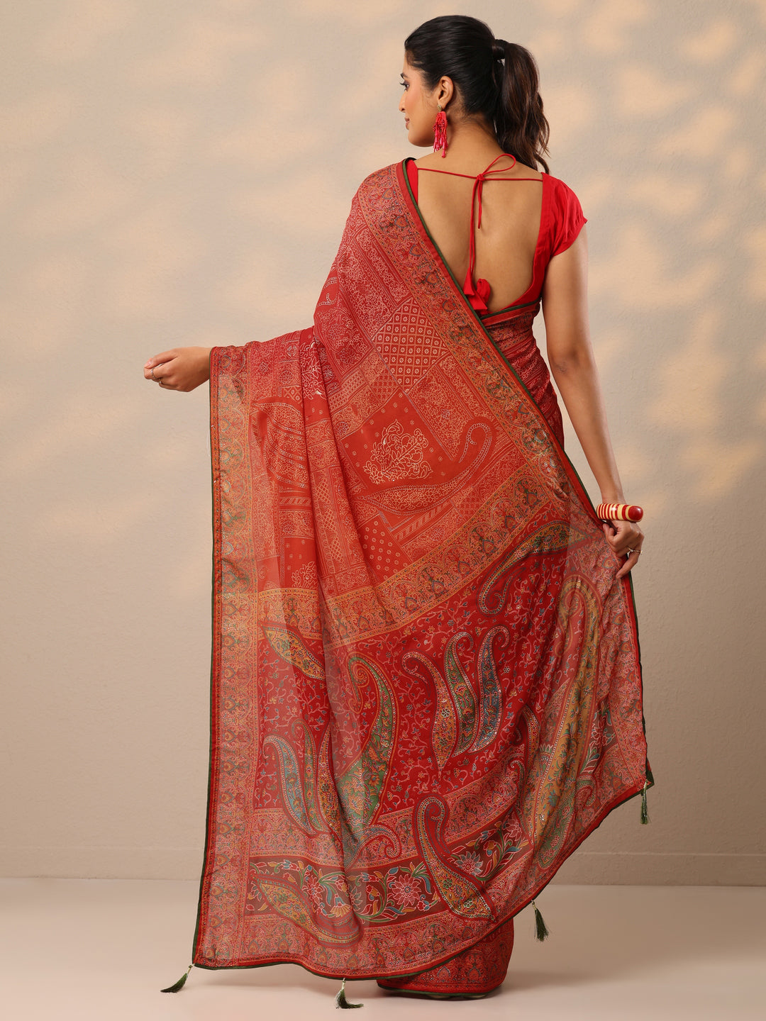  Red Printed Georgette Sarees With Unstitched Blouse Piece 