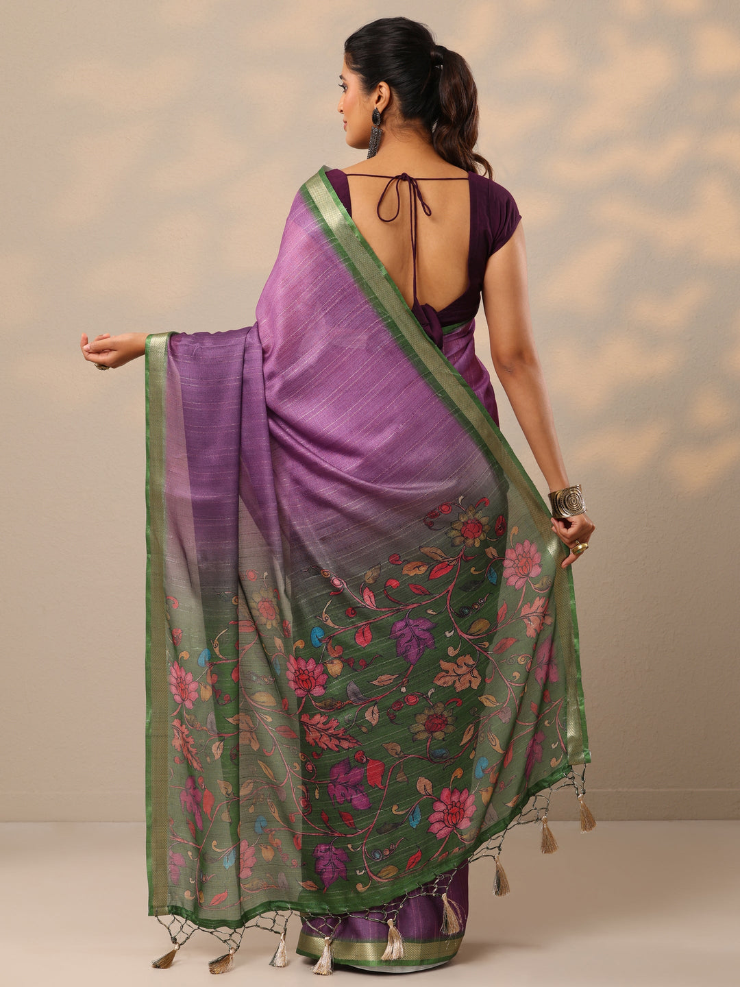  Purple Printed Silk Blend Sarees With Unstitched Blouse Piece 