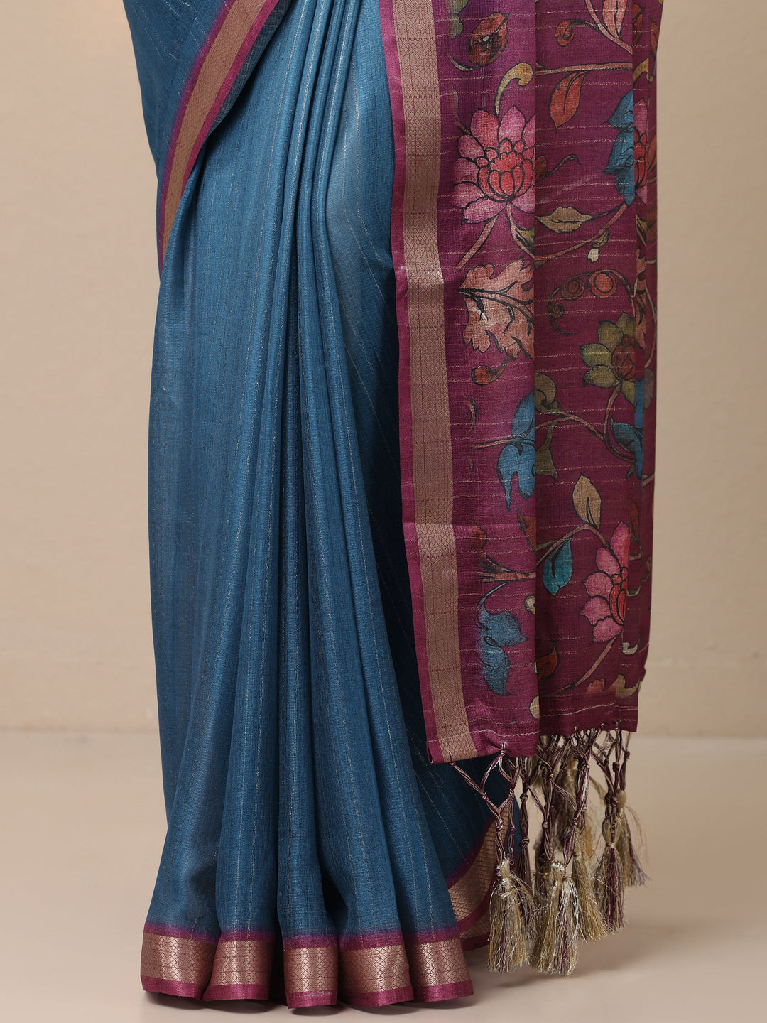  Blue Printed Silk Blend Sarees With Unstitched Blouse Piece 
