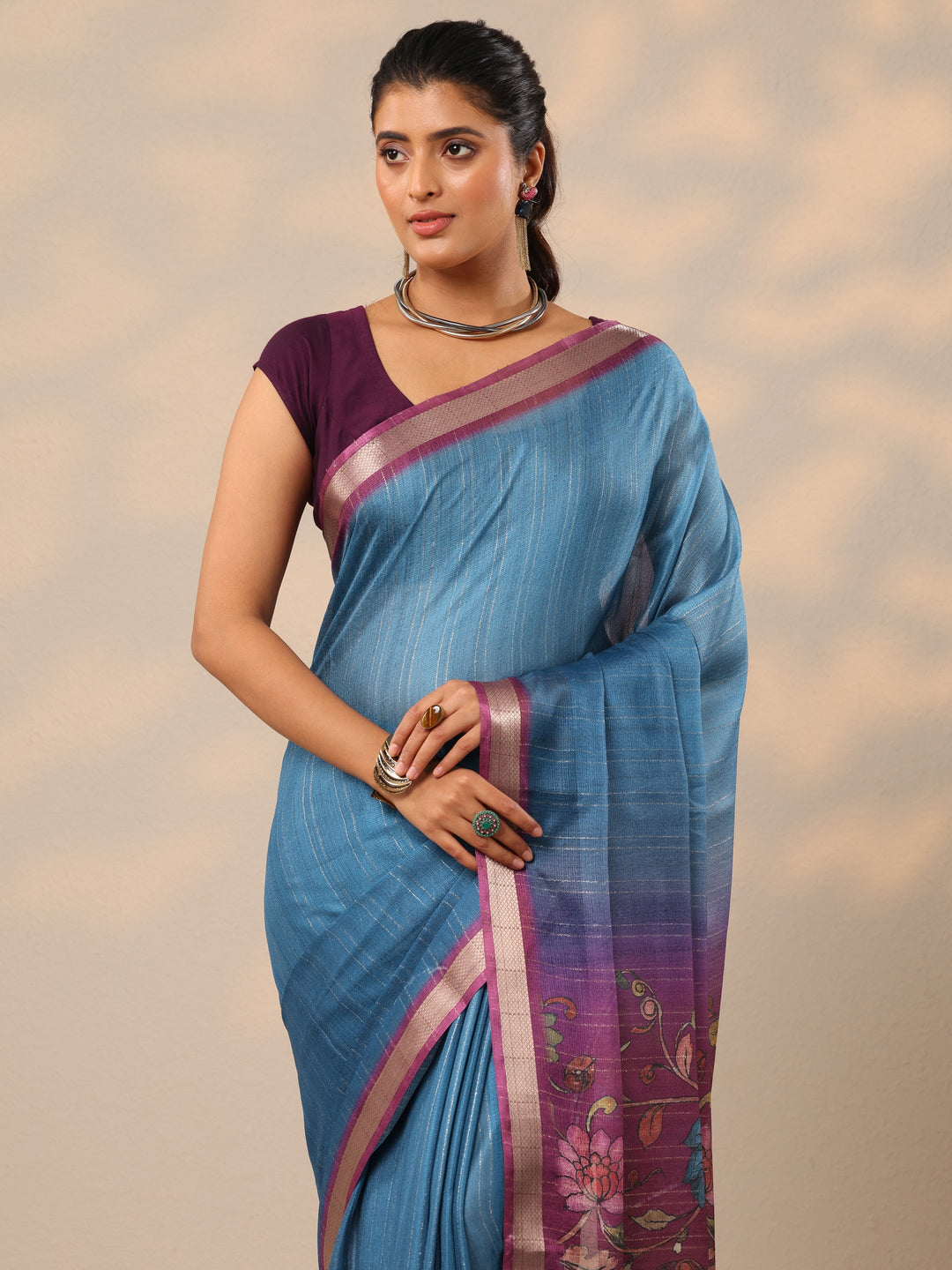  Blue Printed Silk Blend Sarees With Unstitched Blouse Piece 
