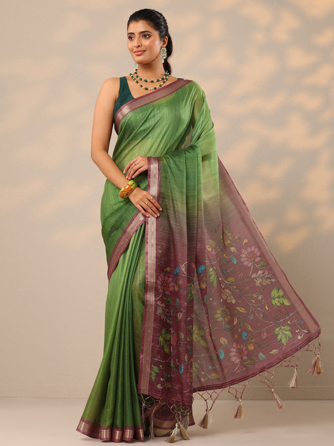  Green Printed Silk Blend Sarees With Unstitched Blouse Piece 