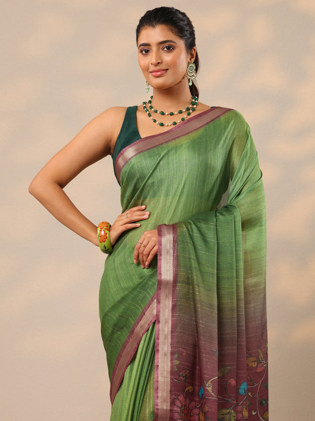  Green Printed Silk Blend Sarees With Unstitched Blouse Piece 