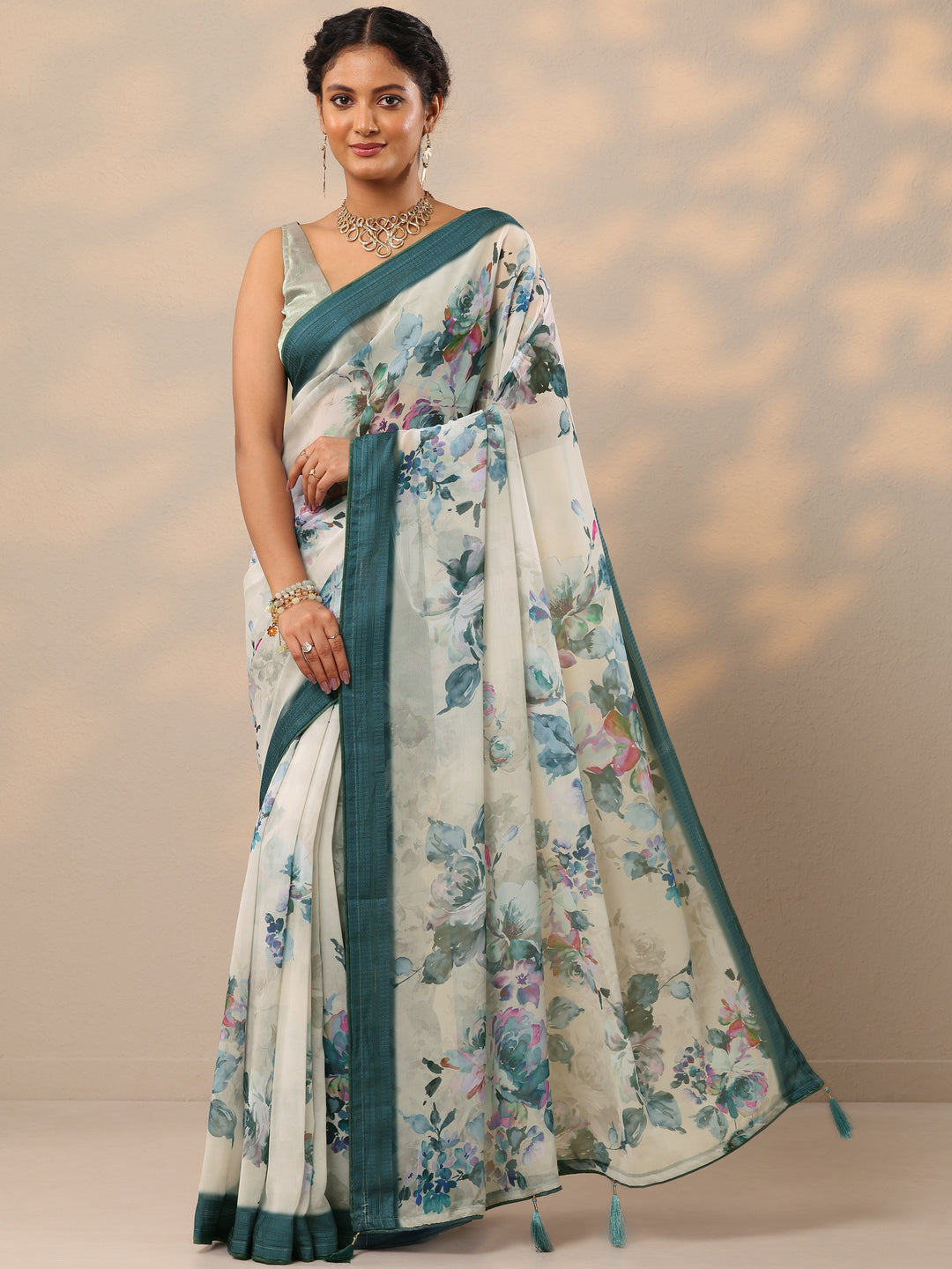  Teal Printed Georgette Saree With Unstitched Blouse Piece 