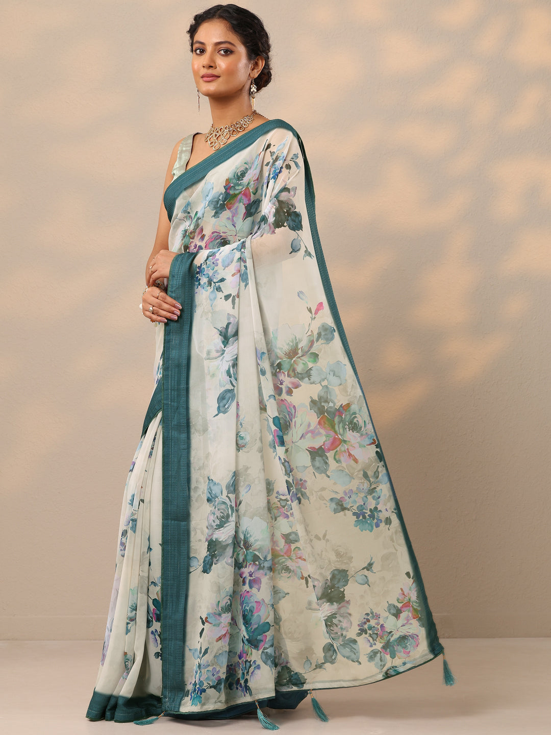  Teal Printed Georgette Saree With Unstitched Blouse Piece 