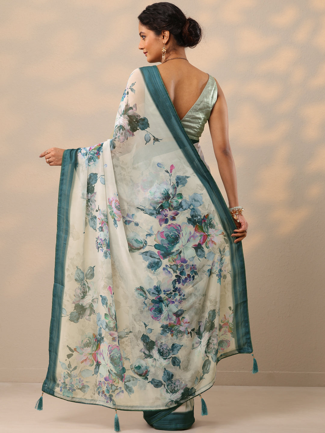  Teal Printed Georgette Saree With Unstitched Blouse Piece 
